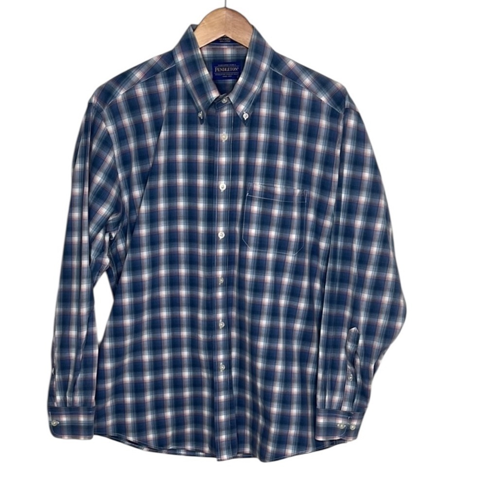 Pendleton Boulevard Blue Pink Plaid Button Up Shirt Men Size L BLEMISH